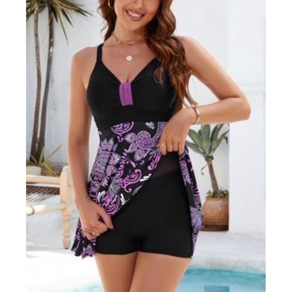 Hanna Nikole Womens Plus Size Swim Dress One‎ Piece Tummy Control Paisley XL - Picture 2 of 4